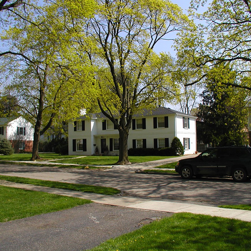 A suburban street with a white, two-story house, large trees, green lawn, and a parked black SUV on a sunny day.