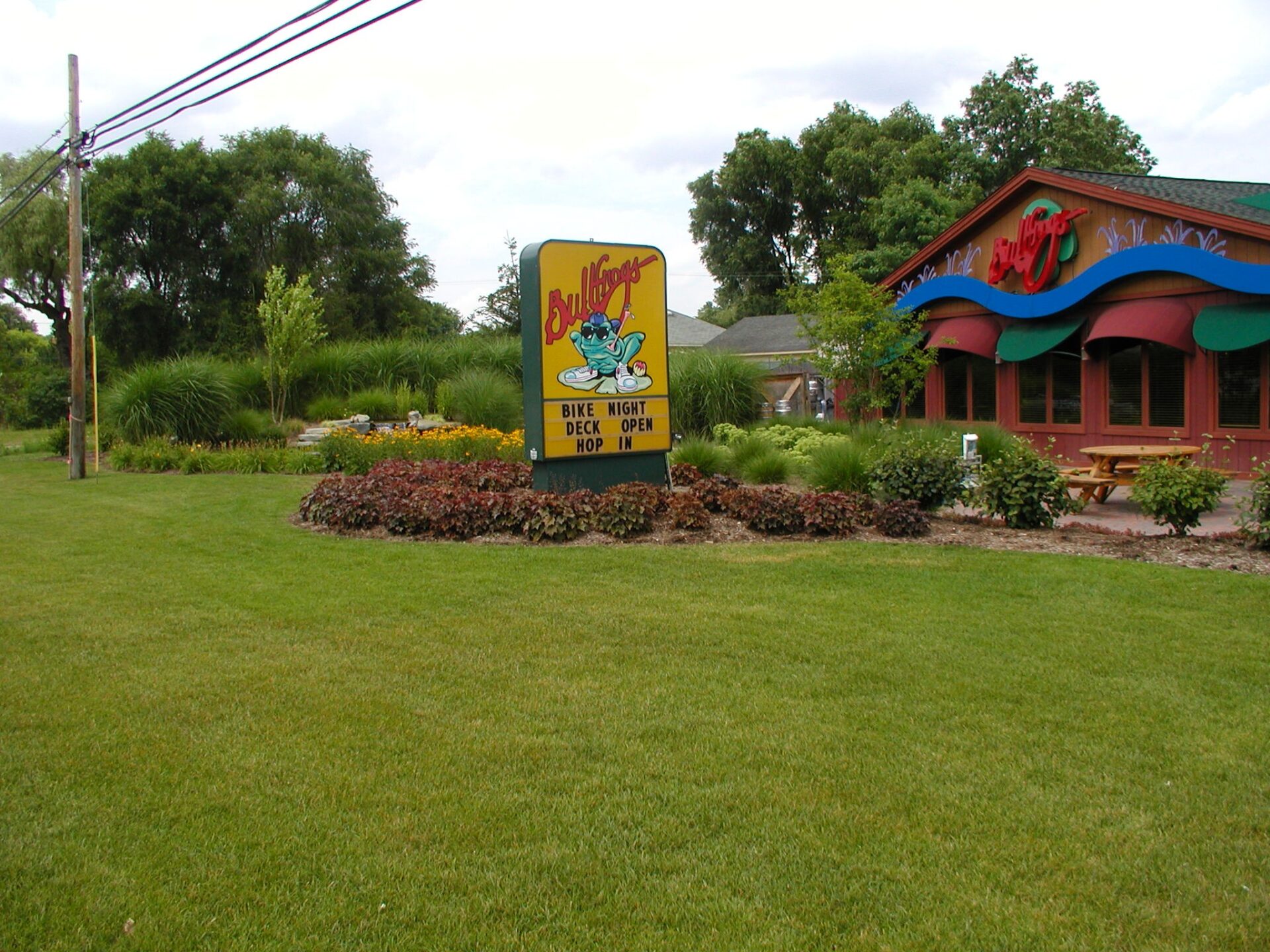 A colorful restaurant with a sign advertising “Bike Night” sits amidst lush greenery, featuring a cartoon frog logo on the sign.