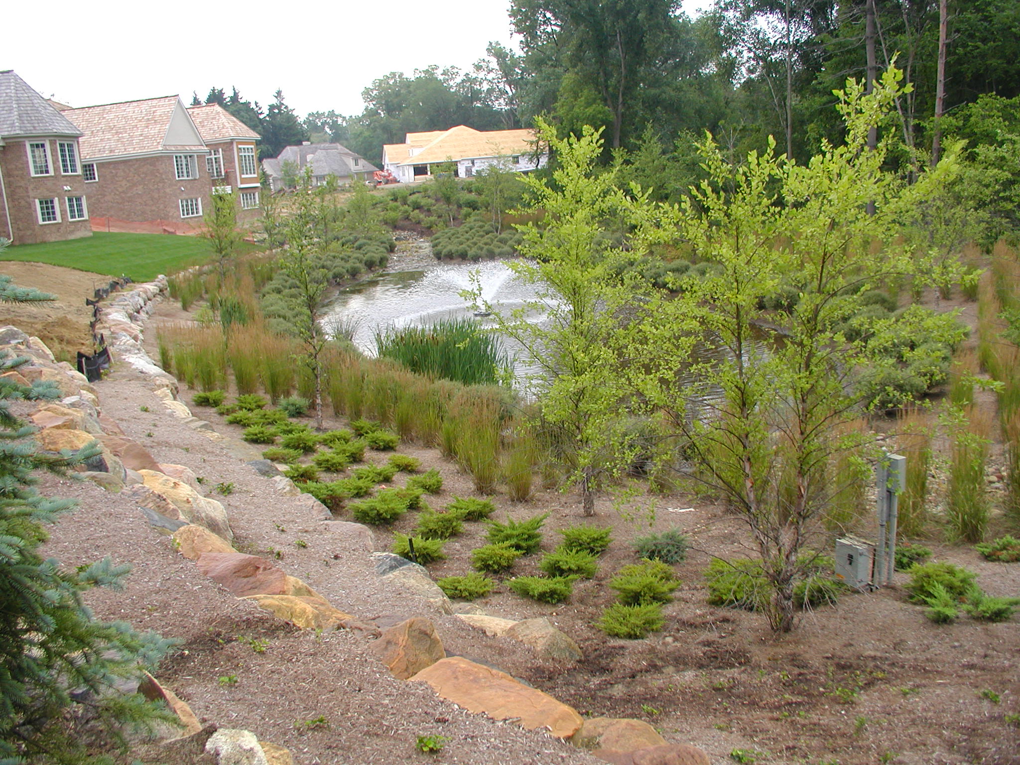 A picturesque landscape features a serene pond surrounded by trees, shrubs, and modern brick houses, creating a peaceful residential setting.