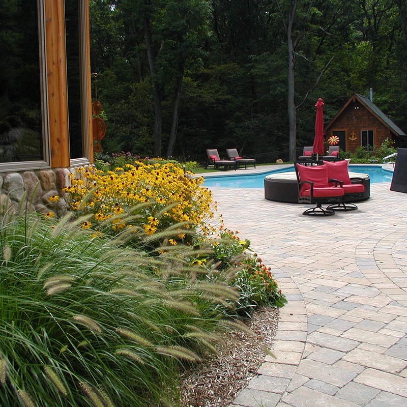 A patio with yellow flowers, pool, red chairs, and small wooden structure, surrounded by lush trees and greenery in the background.