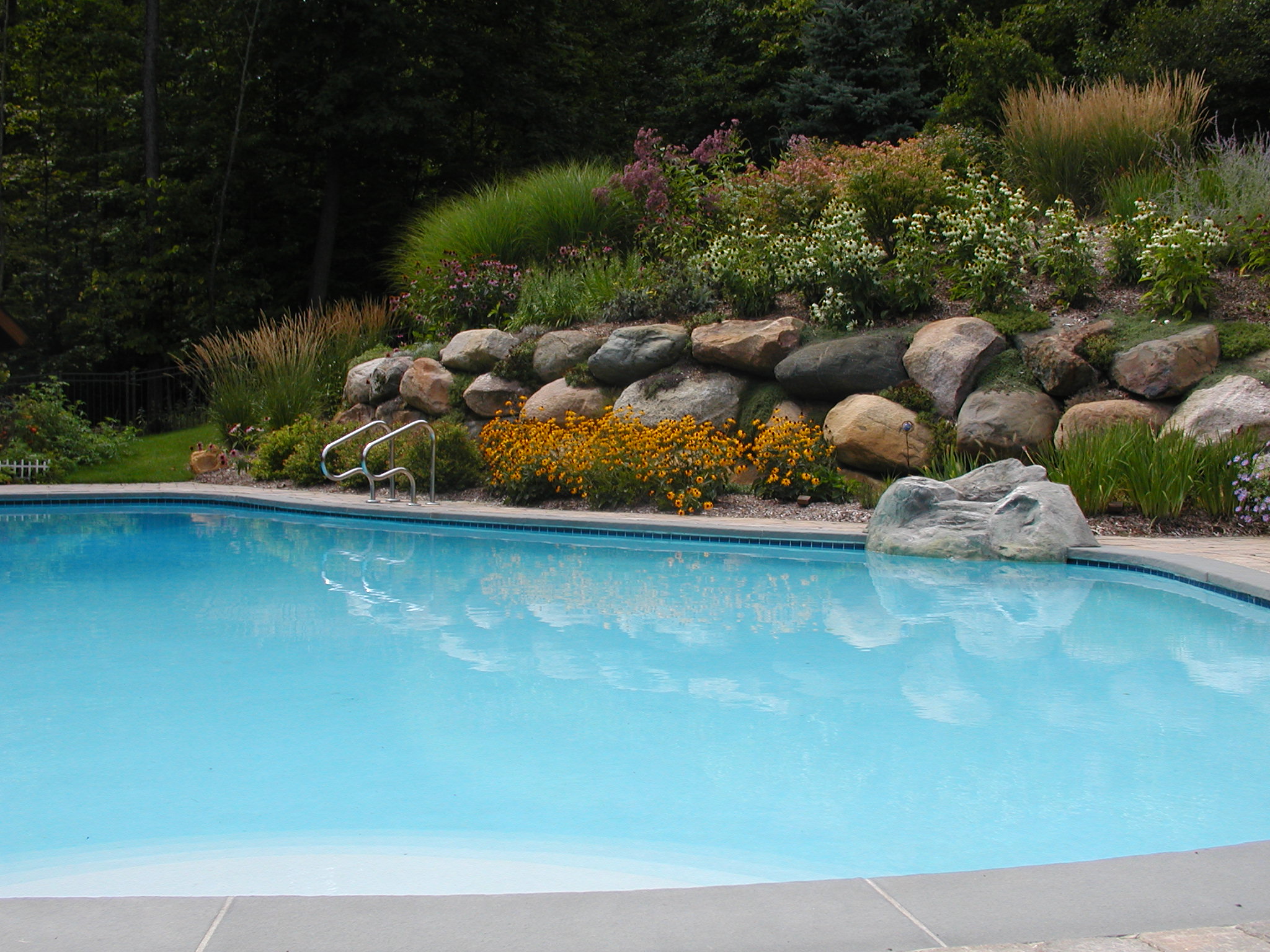 A clear swimming pool surrounded by lush landscaping, featuring rocks, various plants, and colorful flowers, provides a tranquil outdoor setting.