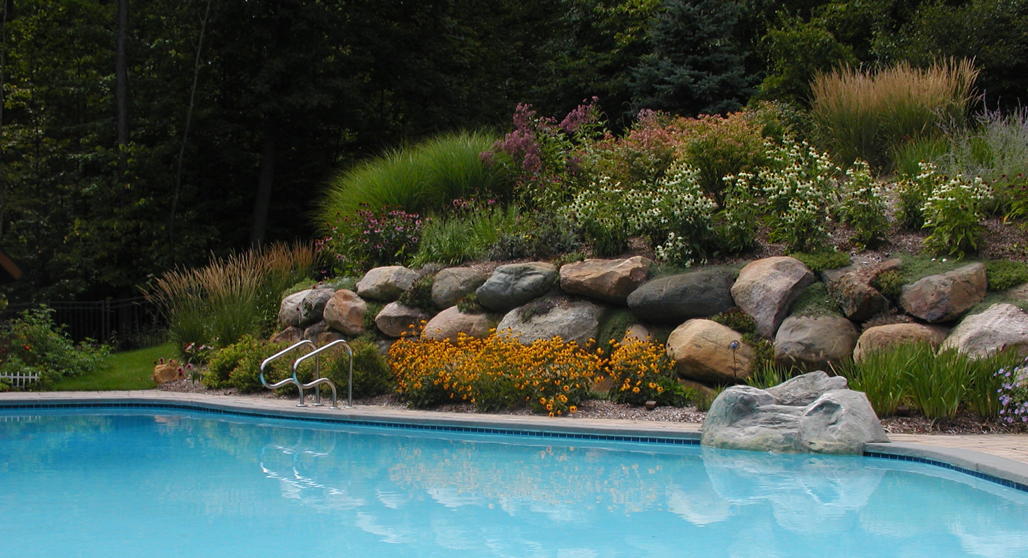 A serene swimming pool surrounded by lush greenery, colorful flowers, and stone landscaping, set against a backdrop of dense forest.