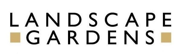 The image features a logo with bold text reading "Landscape Gardens," flanked by golden squares on a white background.