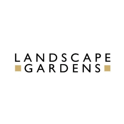 White background with bold black text reading "LANDSCAPE GARDENS," flanked by small beige squares. Simple and minimalist design for branding.