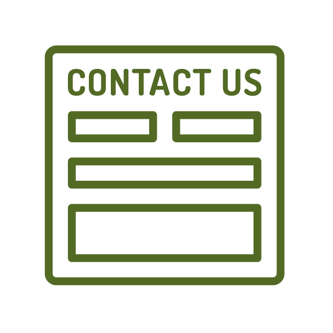 Graphic showing a "Contact Us" form layout with fields for user information, styled in green lines on a transparent background.