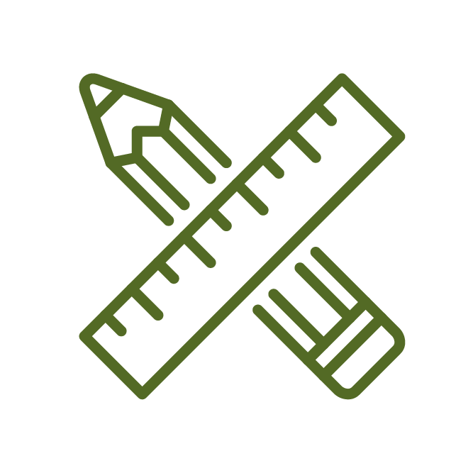 This image shows a simple, green line drawing of a pencil and ruler crossed over each other on a transparent background.