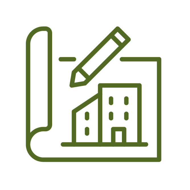 A green icon depicting a blueprint with a building sketch and a pencil, representing architectural design and planning concepts.