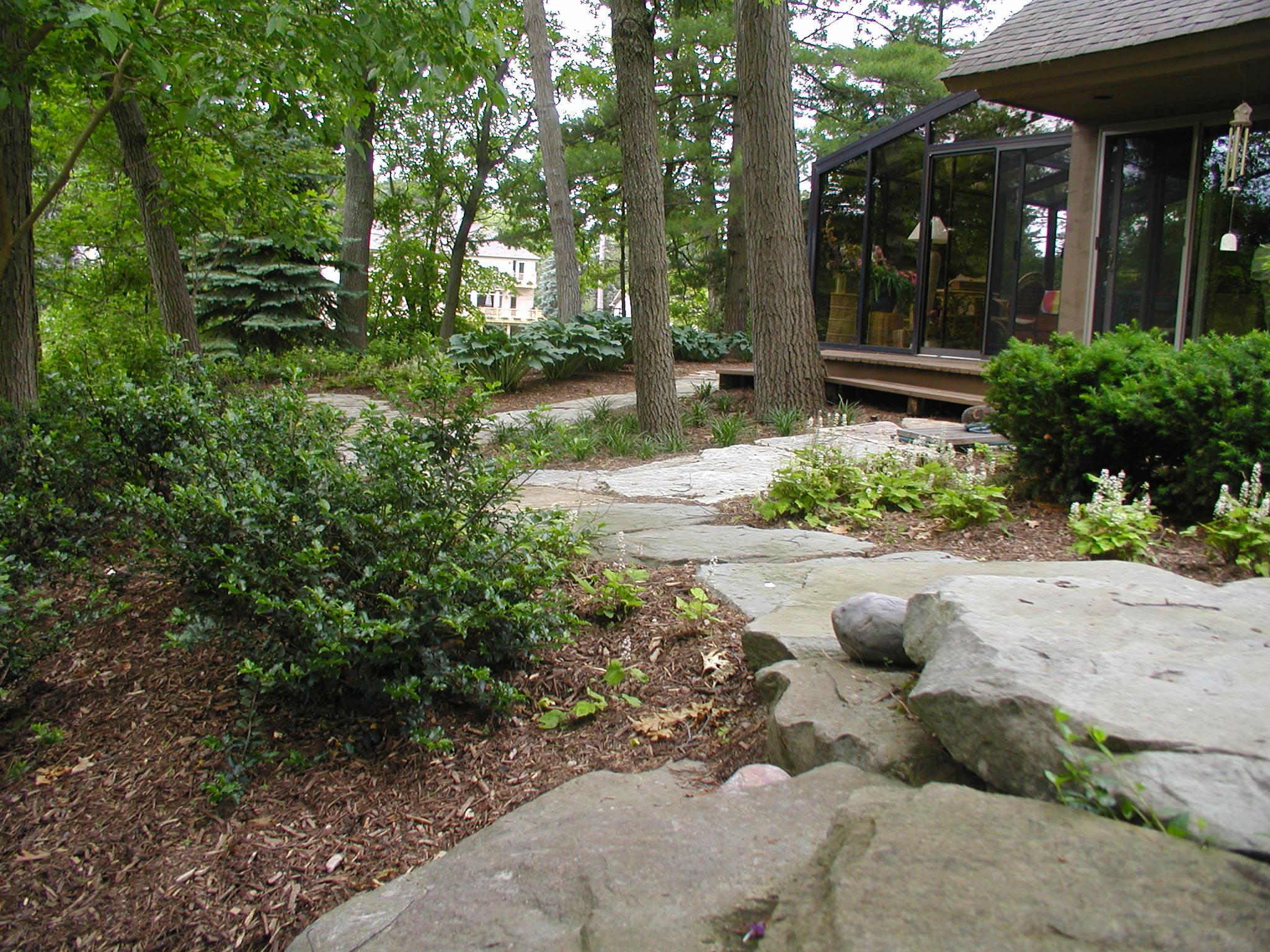 A modern house with glass walls sits amid a lush, wooded garden, featuring stone pathways and diverse plants, creating a serene atmosphere.