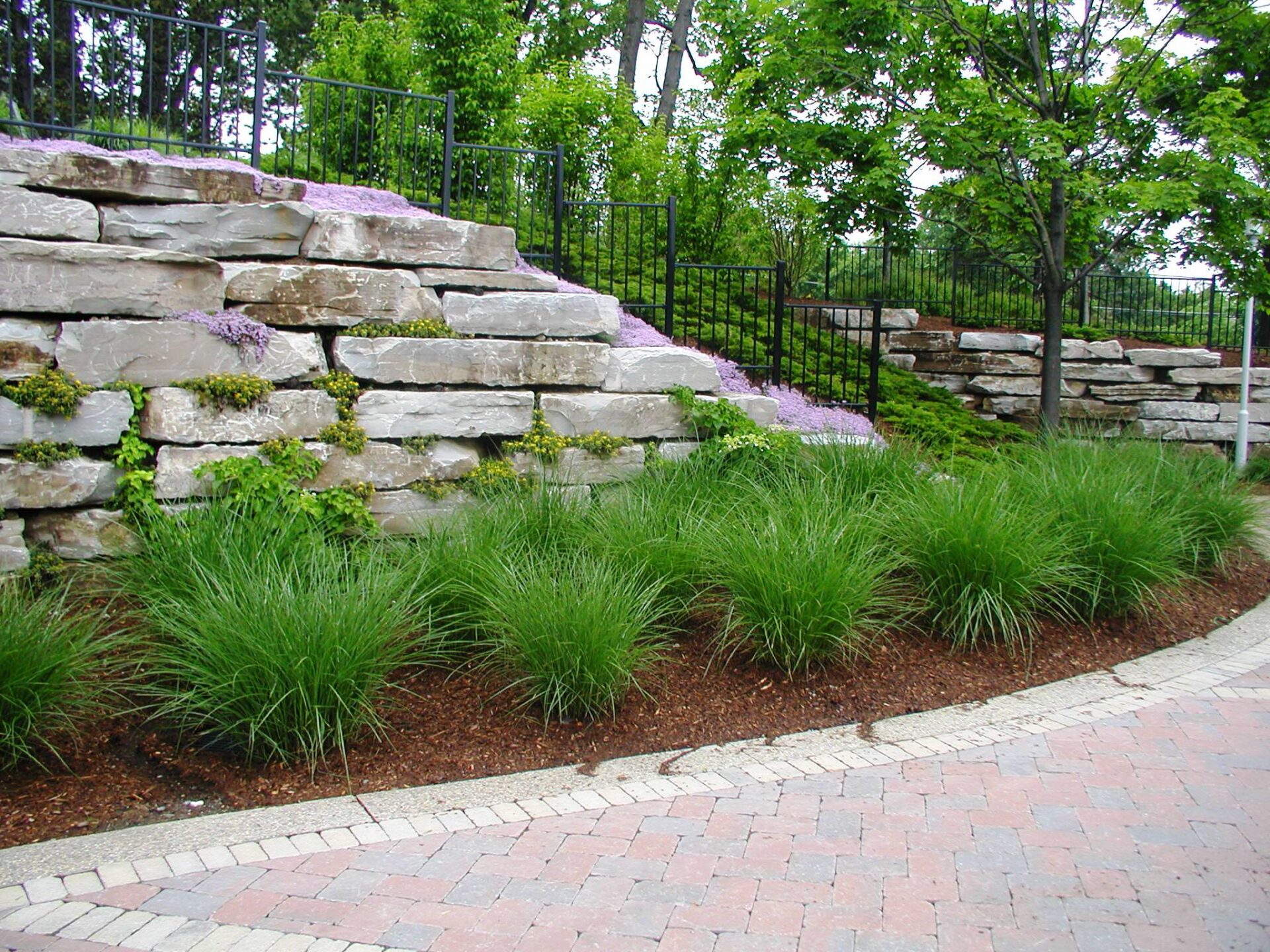 A landscaped garden with large stone retaining walls, purple flowers, ornamental grasses, and trees. Brick pathway curves through the lush greenery.