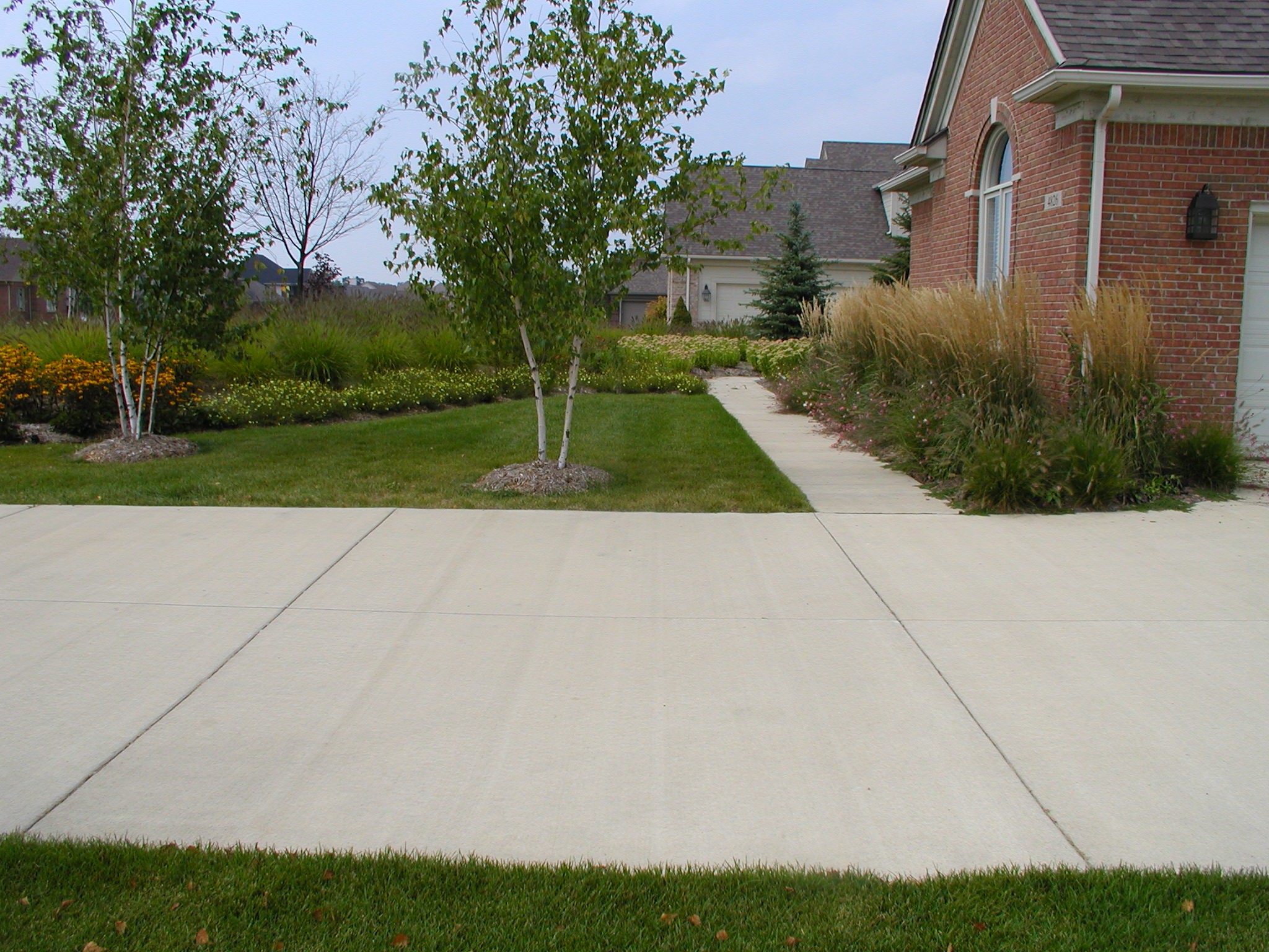 A suburban home with a well-maintained garden featuring trees, flowering plants, and a concrete driveway leading to the entrance.
