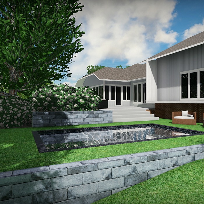 Modern house with large windows, surrounded by green landscaping and a small reflecting pool. Outdoor seating area on the lush lawn.