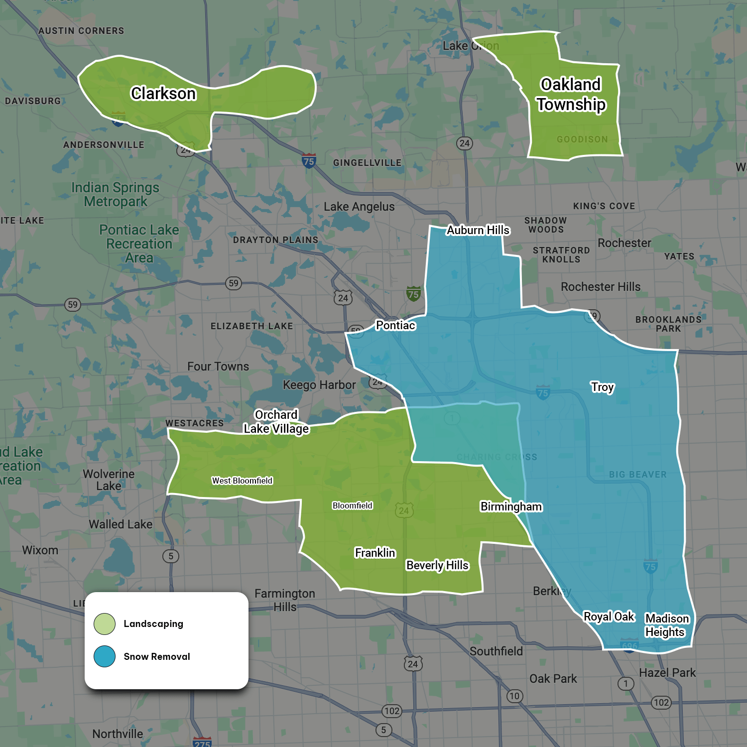 Map highlighting areas in Michigan for landscaping and snow removal services, including Pontiac, Troy, Clarkston, Oakland Township, and Orchard Lake Village.