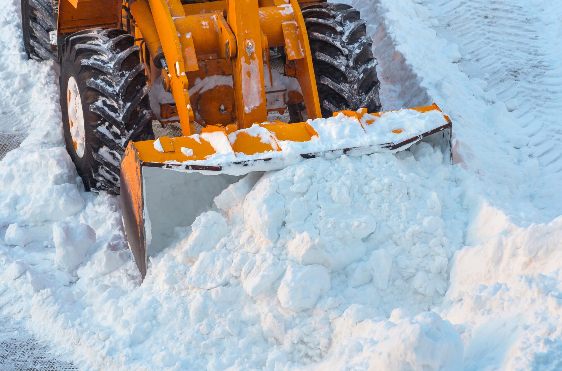 A yellow bulldozer is clearing snow in a snowy landscape. The machine's tires and shovel are visible, with fresh snow around.