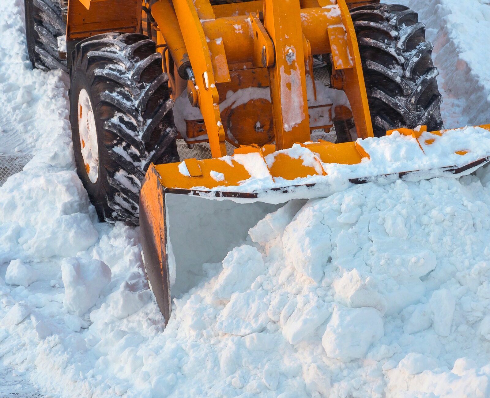 A yellow bulldozer is clearing snow in a snowy landscape. The machine's tires and shovel are visible, with fresh snow around.