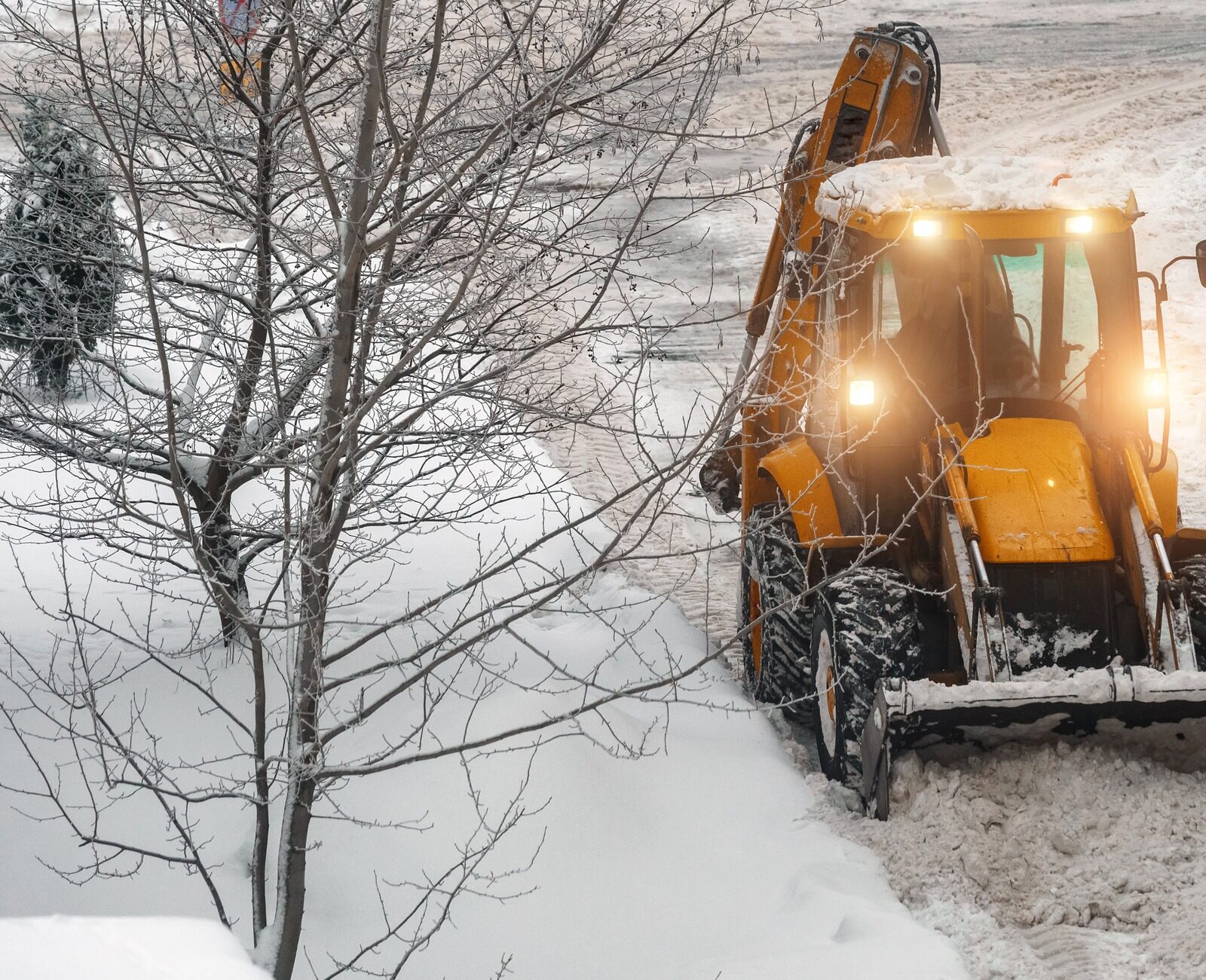 Yellow snowplow clearing a snowy road, surrounded by snow-covered trees and pavement. The vehicle's lights are on, illuminating its path.